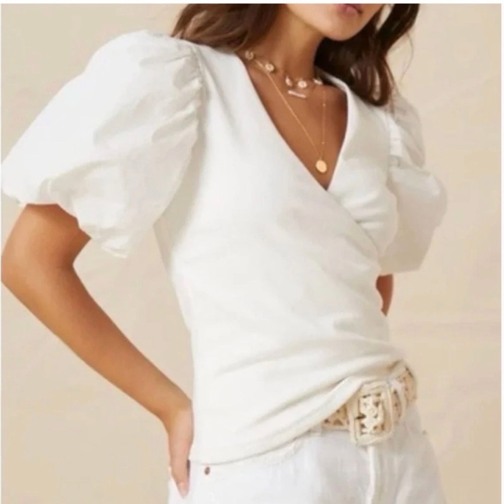 Sold/ not available Maeve Anthropologie White V-Neck Short Puff-Sleeve Wrap - Picture 2 of 6